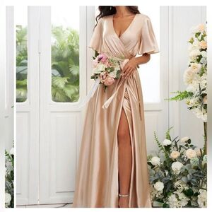 Hebeos Champagne Flutter Sleeve Bridesmaids Dress D41‎